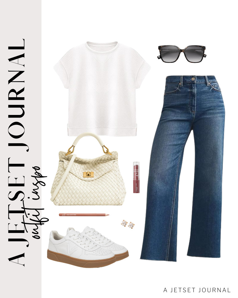 The next outfit highlights simple lines and all-day comfort. This white top and high-waisted jeans are the perfect fit for Vionic Kimmie Court shoes and this classy handbag. Style the fit with SOJOS sunnies, add a quick tint of lip color, and you’re all set to go.

#LTKSeasonal #LTKSaleAlert #LTKTravel 

 