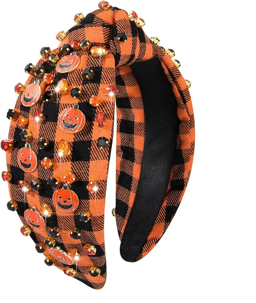 Halloween Knotted Headband for Women Crystal Pumpkin Candy Corn Houndstooth Hairband Halloween Ha... | Amazon (US)