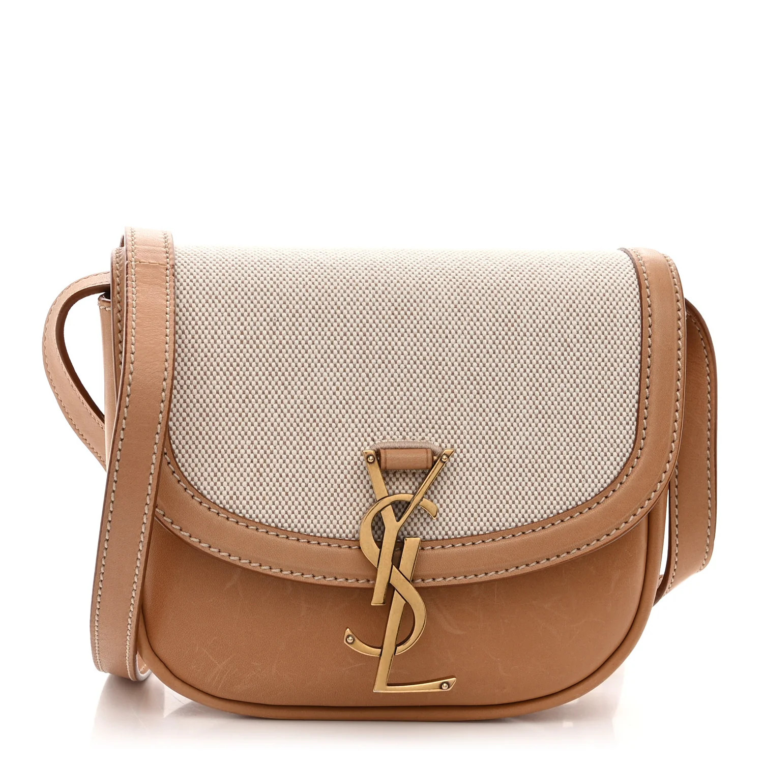 SAINT LAURENT Smooth Calfskin Cotton Canvas Small Kaia Satchel Natural Beige | FASHIONPHILE (US)