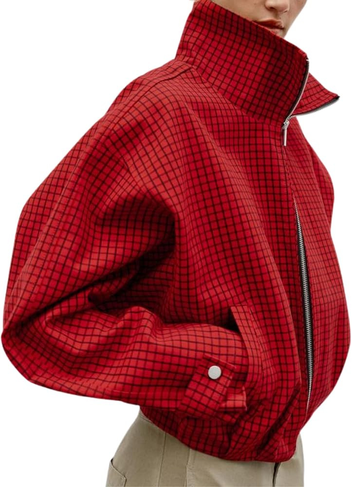 Women's Zip Up Plaid Balloon Jacket | Amazon (US)