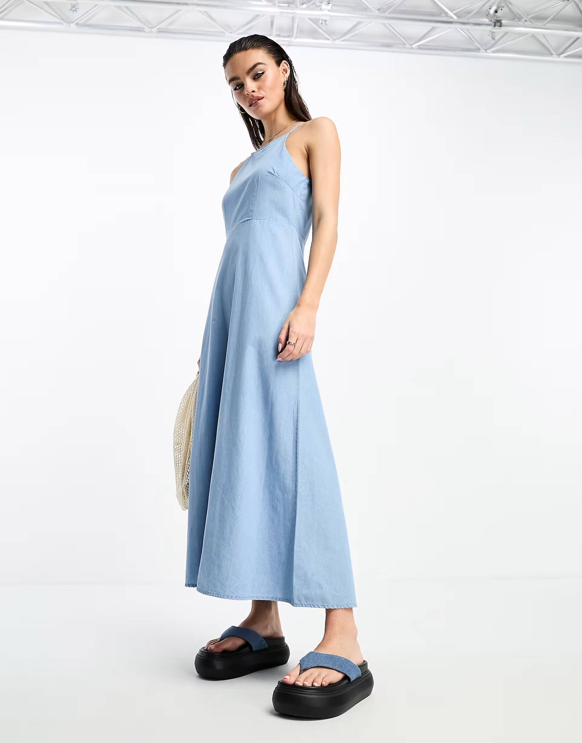 Selected Femme halterneck denim maxi dress in blue | ASOS (Global)
