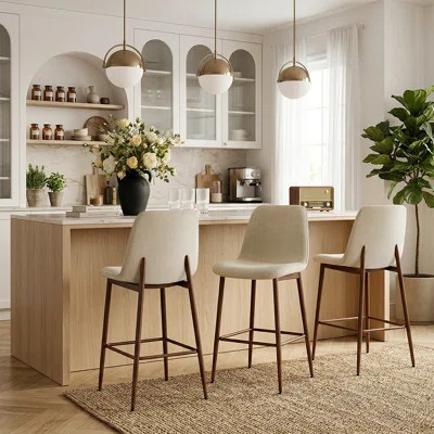 26 inch Mid-Century Modern Upholstered Counter Height Stools For Kitchen Island With Wood Grain Metal Legs | Wayfair North America