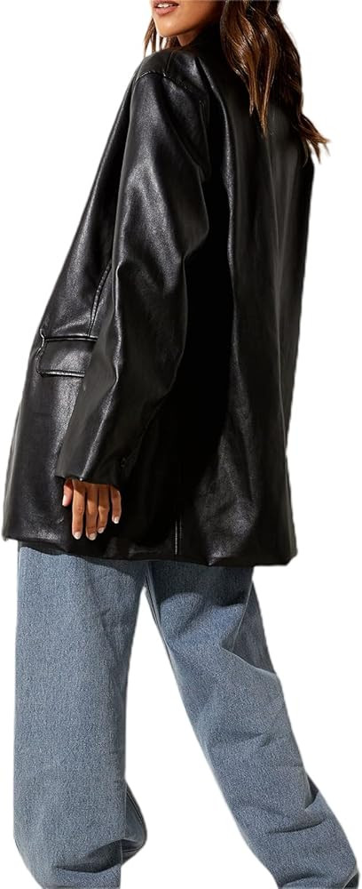 Kaipiclos Women Leather Jacket Oversized Lapel Button Front PU Faux Leather Blazer Shacket Jacket... | Amazon (US)