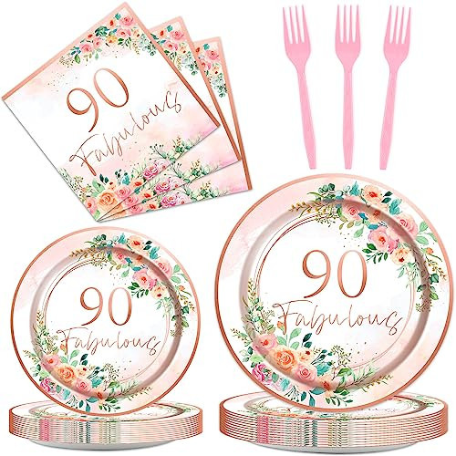 OBUSATT 96Pcs Floral 90 Fabulous Party Supplies 90th Birthday Paper Plates Napkins Rose Gold Party Decorations 90 Years Dinnerware Party Favor Women 90th Tableware Serves 24 | Amazon (US)