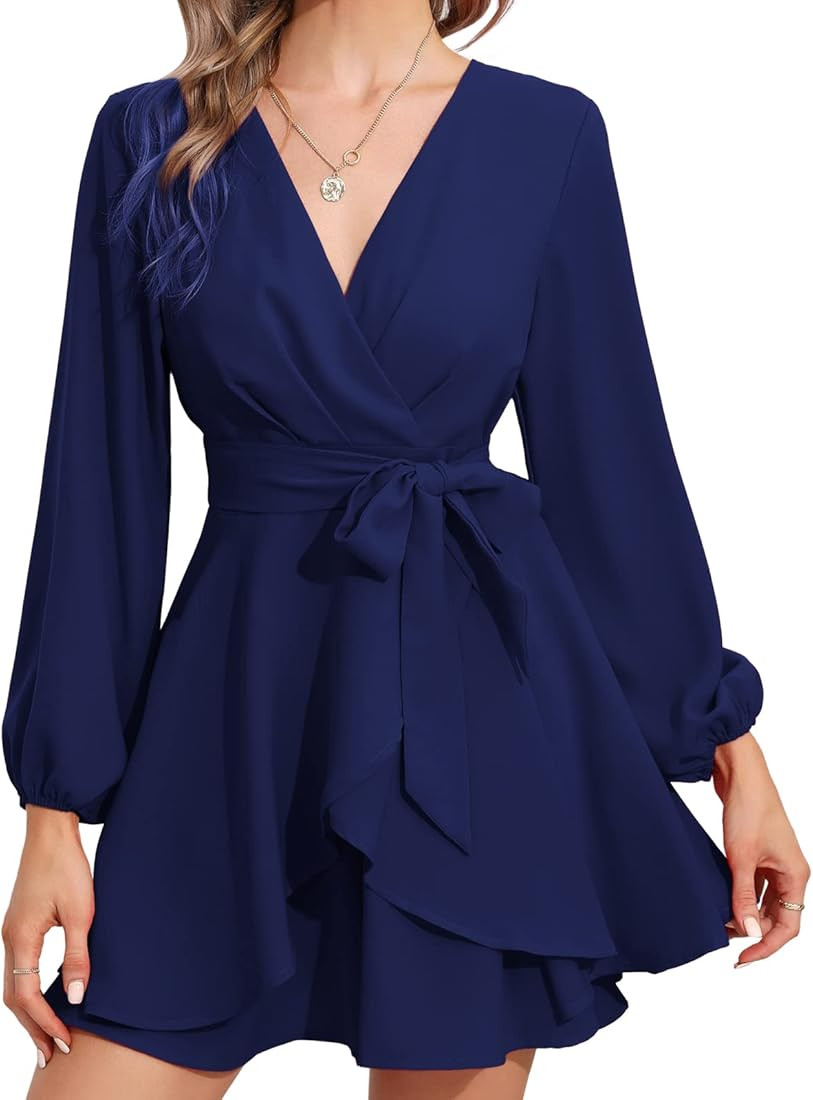 Women's Dressy Jumpsuit V Neck Waist Belt Long Puff Sleeve Ruffle Flowy Wrap Jumpsuits Club Party... | Amazon (US)