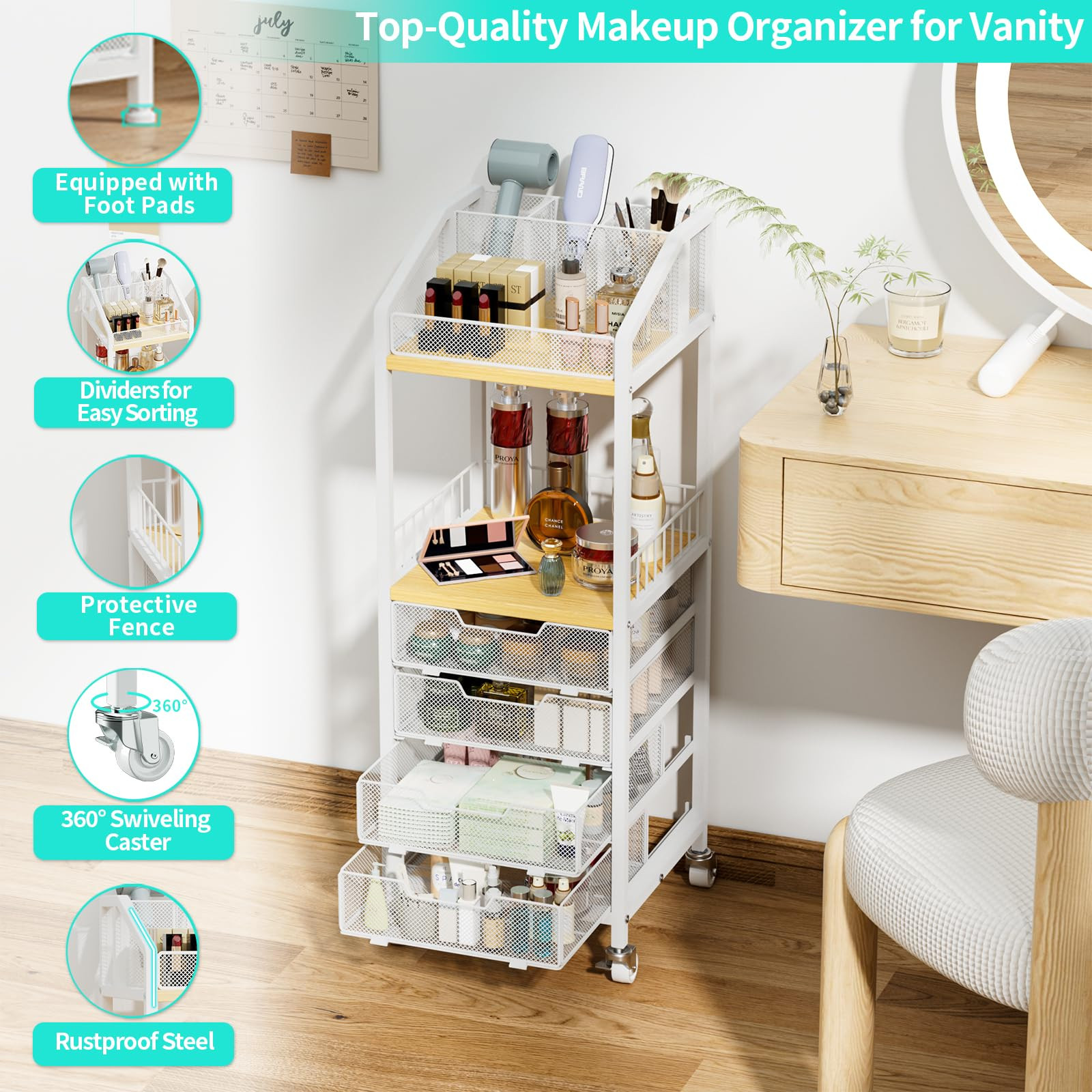 HapiRm Makeup Organizer Storage Cart - Floor Skincare Make Up Organizers with 4 Drawers, Rolling ... | Amazon (US)