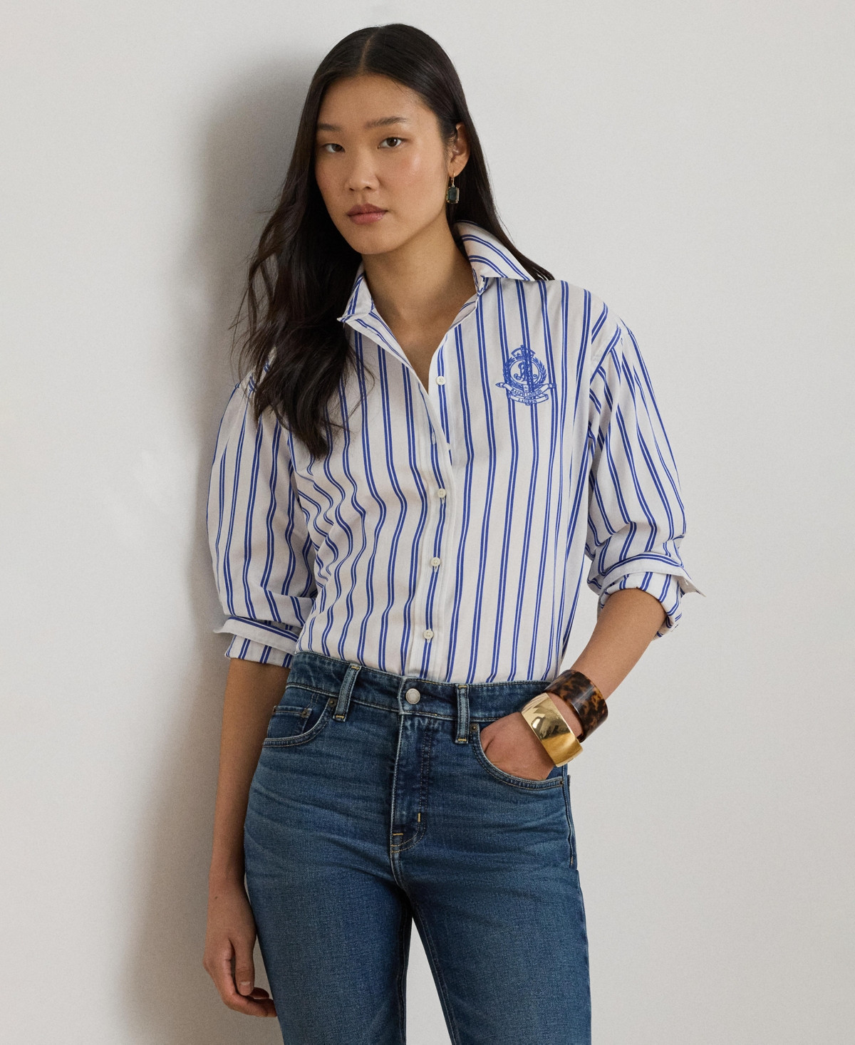 Lauren Ralph Lauren Women's Relaxed Fit Striped Collared Shirt - Blue/white Multi | Macy's