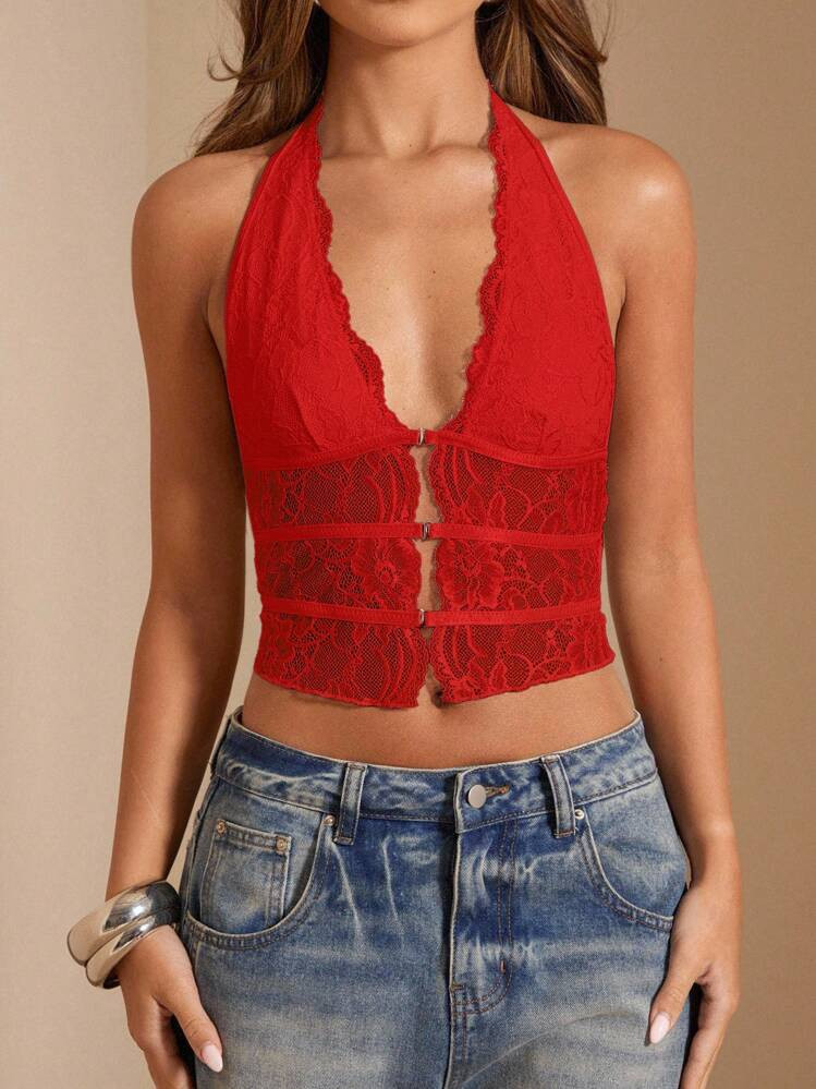 SHEIN BAE Women's Black Solid Color Lace Patchwork Sleeveless Halter Neck Sexy Hollow Out Cropped Tank Top, Suitable For Spring/Summer Holidays, Dates, Music Festivals, Concerts | SHEIN