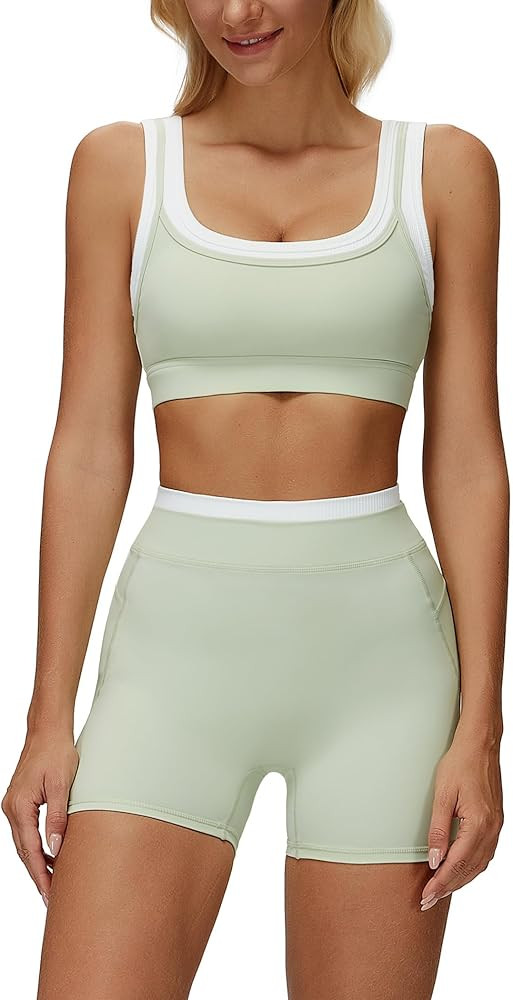 ABOCIW Womens Layerd Workout Sets Square Neck Sports Bra Tummy Control High Waist Biker Shorts Yo... | Amazon (US)