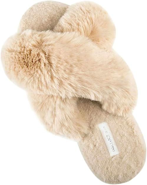 HALLUCI Women's Cross Band Soft Plush Fleece House Indoor or Outdoor Slippers | Amazon (US)