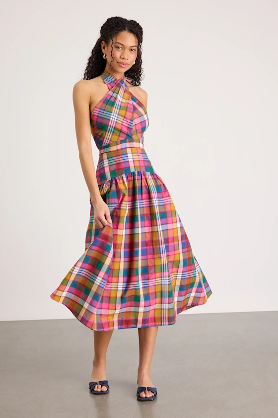 Rynna Pink Multi Plaid Cross-Front Halter Midi Dress | summer outfits  | Lulus