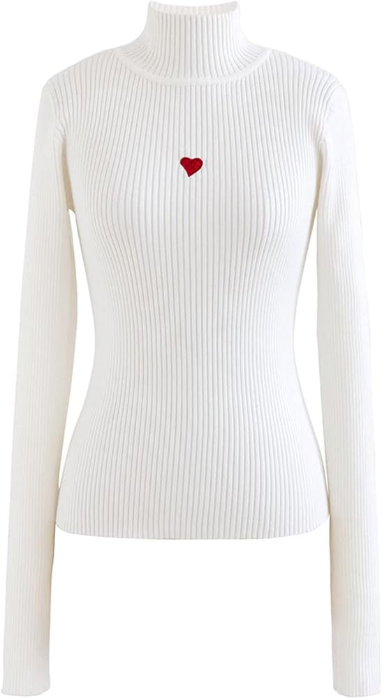 CHICWISH Women's White/Black Little Heart Embroidered High Neck Fitted Knit Top | Amazon (US)