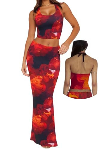 WUYLT Two Piece Maxi Skirt Set Women Sexy Floral Tie Dye Halter Top Long Skirts Vacation Sets Summer Outfits Suits 2026 Orange Red Small | Amazon (US)