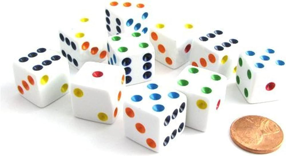 Koplow Games Set of 10 Six Sided D6 16mm Standard Dice White with Multi-Color Pips | Amazon (US)