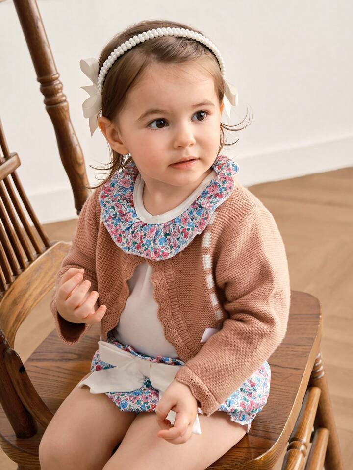 Souflis 2pcs Baby Girls' Comfortable Knitted Top And Shorts Set With Cute Classic Small Flower Pa... | SHEIN
