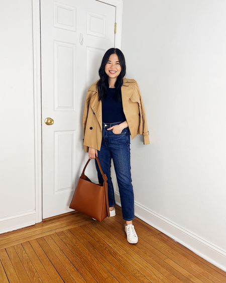 Cropped trench coat (XS)
Navy t-shirt (XS)
High waisted jeans (27P)
Brown bag
White sneakers (TTS)
Smart casual outfit
Mom outfit
Spring outfit
LOFT outfit

#LTKfindsunder50 #LTKstyletip #LTKsalealert