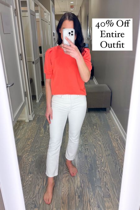 40% off this cute and casual spring outfit! I love the color of this puff sleeve top. It’s a sweatshirt material, but elevated, making it soft and comfy, but great for lunch dates, school events, spring gatherings with friends, etc. And these white cropped flare jeans are my latest obsession. The fit is so good, they have a flattering high waist, and the price is excellent! 

Sizing:
Top fits TTS, I’m wearing an XS.
Jeans fit TTS, but if between sizes you can possibly size down. I am typically between 26 and 27 and the 26 fits me perfectly. 

Mom style, mom ootd, casual outfit, sale alert, affordable style, spring fashion, Loft, Jcrew 

#LTKSeasonal #LTKfindsunder50 #LTKsalealert