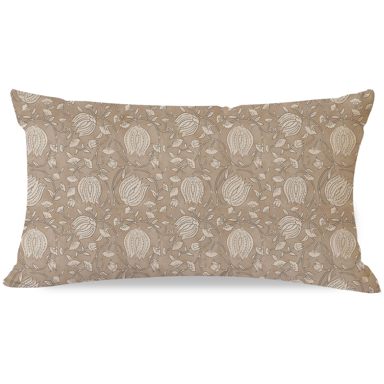 Vintage Floral Block Print Lumbar Decorative Throw Pillow Cover 12x20 Inch Pale Brown Outdoor Cot... | Amazon (US)
