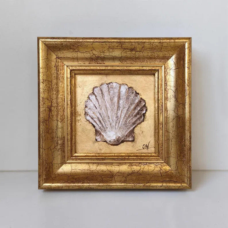 Gold Leaf Shell Oil Painting | Mini Coastal Wall Art 4x4 | Etsy (Global)