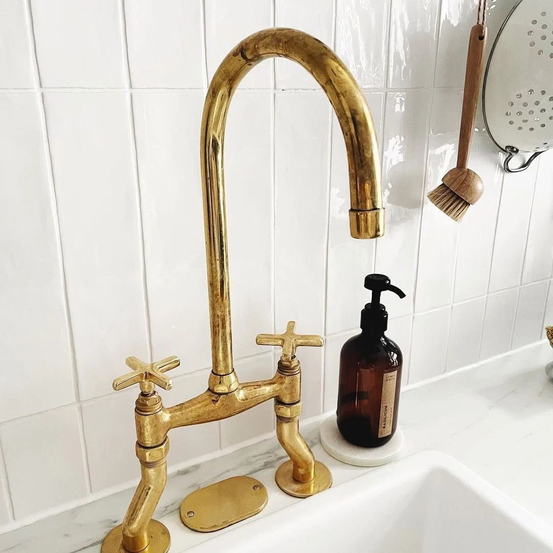 Unlacquered Brass Bridge Kitchen Faucet, Curved Legs, Flat Cross Handles, Laundry Faucet | Etsy (US)