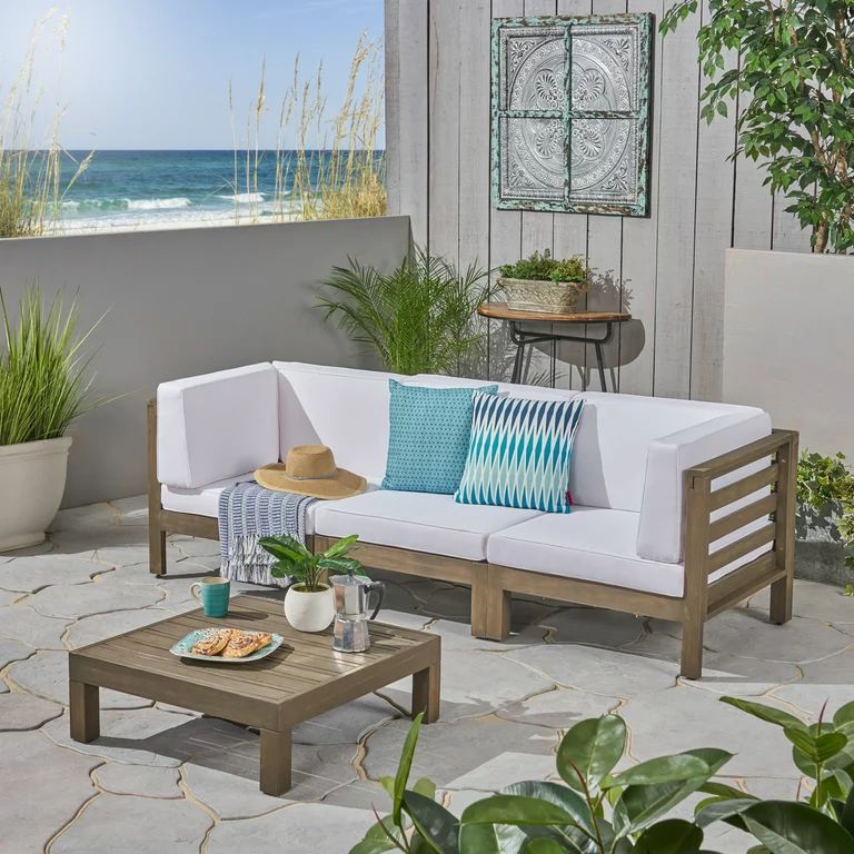 Frankie Outdoor Acacia Wood Sectional Sofa and Coffee Table Set with Cushions, Gray, White | Walmart (US)