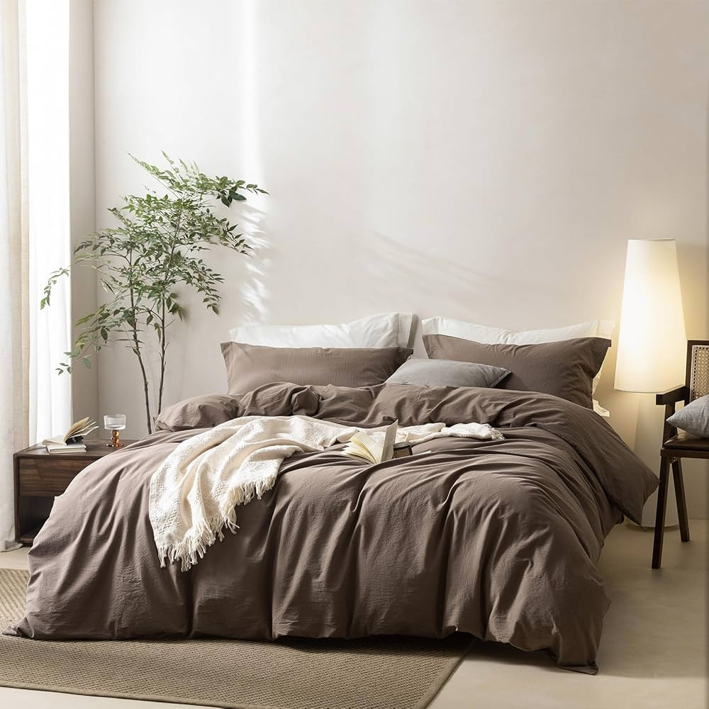 Linen Feel Light Chocolate Brown Duvet Cover Super King Plus Size 120'' L x 120'' W, 100% Washed ... | Amazon (US)