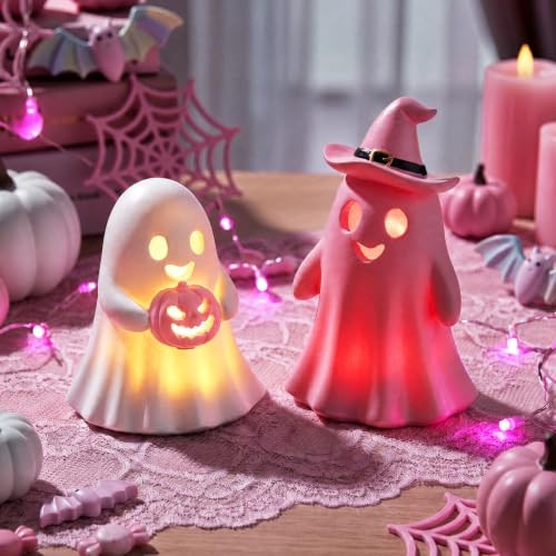Fumete 2 Pcs Pink Ghost Halloween Decorations - Aesthetic Spooky Resin Light up Cute Ghost Couple with Witch Hat and Pumpkin, Halloween Indoor Figurines for Mantel, Shelf & Tabletop Home Party Decor | Amazon (US)