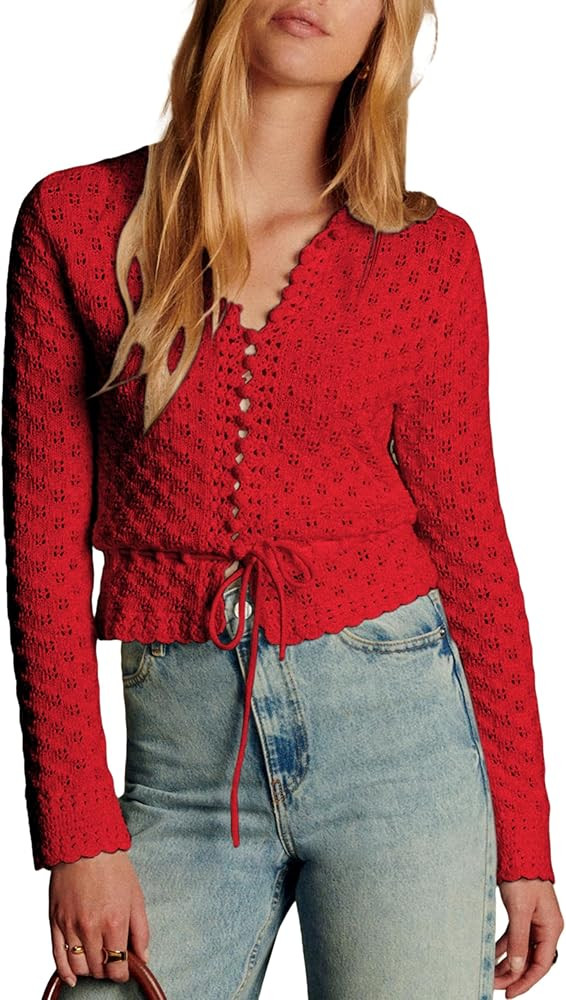 Bianstore Womens Casual Long Sleeve Crewneck Crochet Cardigan Lightweight Hollow Out Tie Front Kn... | Amazon (US)