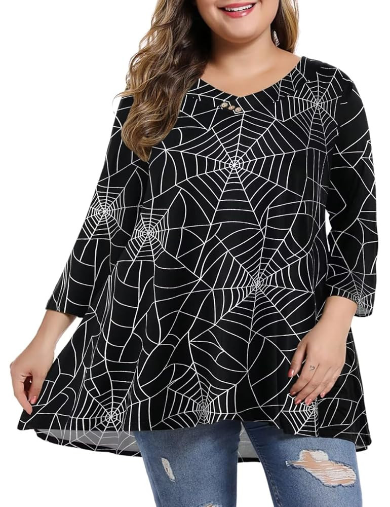 MONNURO Womens Plus Size 3/4 Sleeve V Neck Button Casual Loose Flowy Swing Tunic Tops Basic Tee S... | Amazon (US)