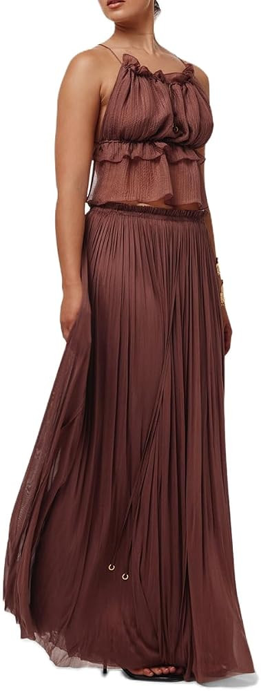 Women Y2K Ruffle 2 Piece Skirt Set Tie Back Halter Cami Top Tiered Flowy Long Skirt Boho Ruched B... | Amazon (US)