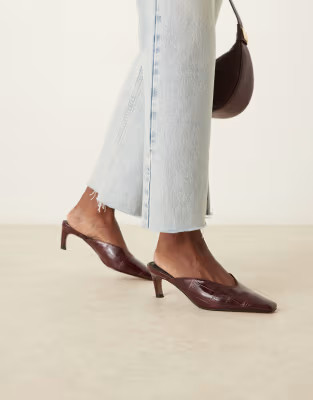 ASOS DESIGN Storm chisel toe mid heel mule in burgundy croc | ASOS (Global)