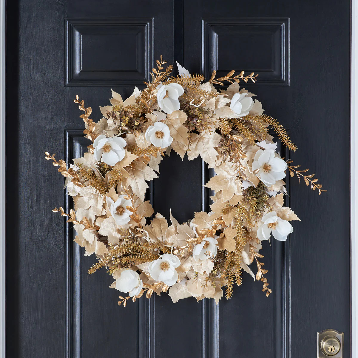 Champagne Toast - Cream Velvet Leaf - Gold Dip Magnolia, Pine & Boxwood Neutral Holiday Front Doo... | Darby Creek Trading