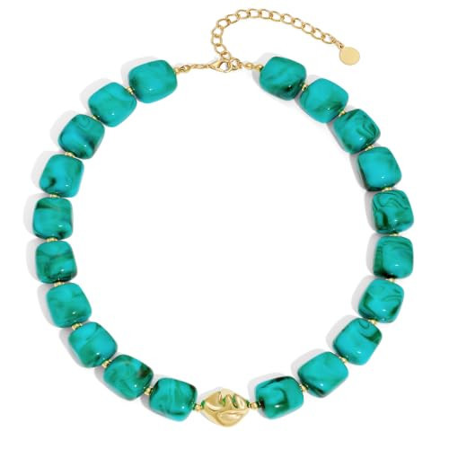 ACAUTO Turquoise Chunky Beaded Necklace for Women,Fashion Trendy Summer Necklaces Acrylic Bead Choker Statement Necklace Boho Summer Beach Necklaces with gold-tone spacers,Vacation Jewelry Gift | Amazon (US)