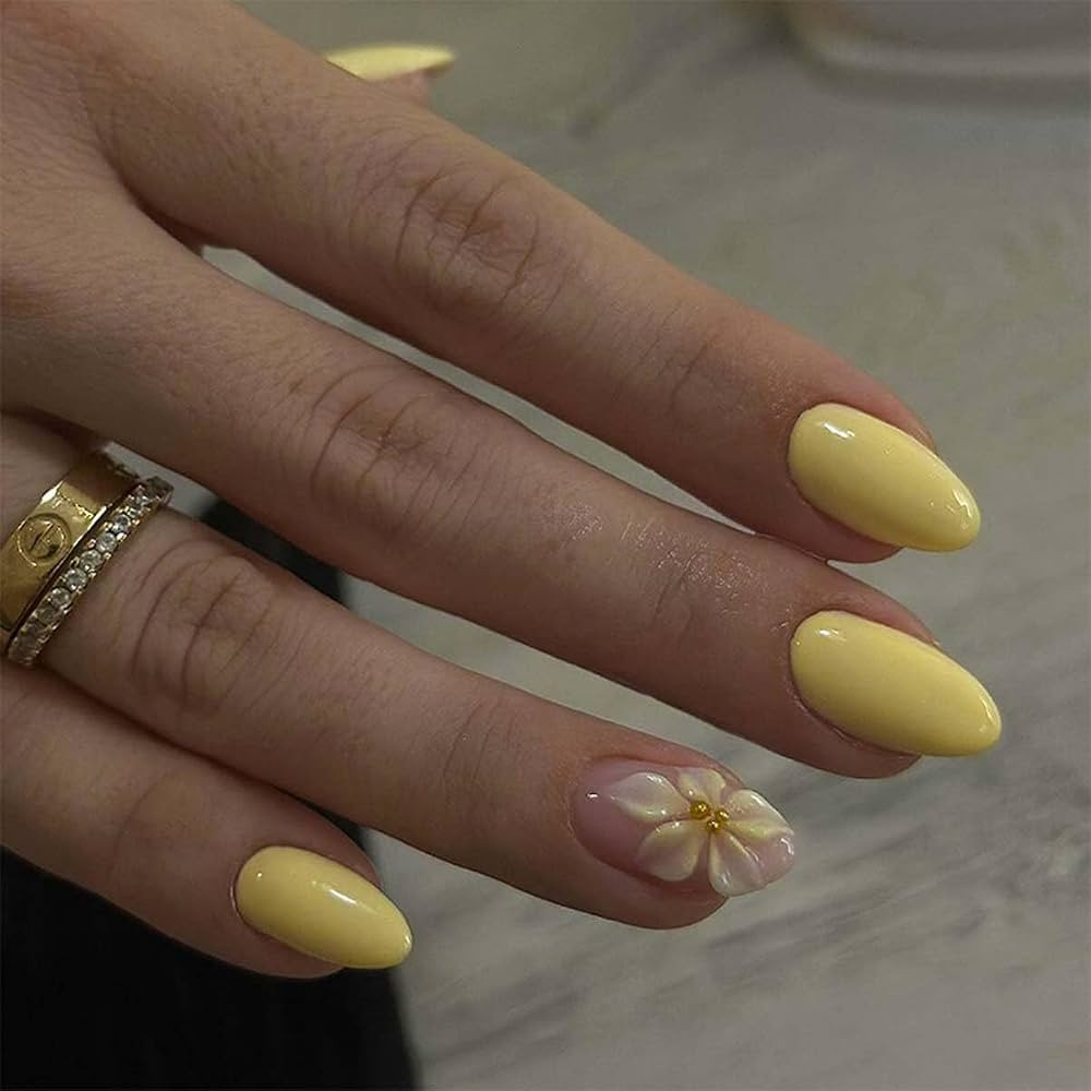 Yellow Press on Nails Medium Almond Fake Nails Flower Nails Press ons with Design Full Cover Stic... | Amazon (US)