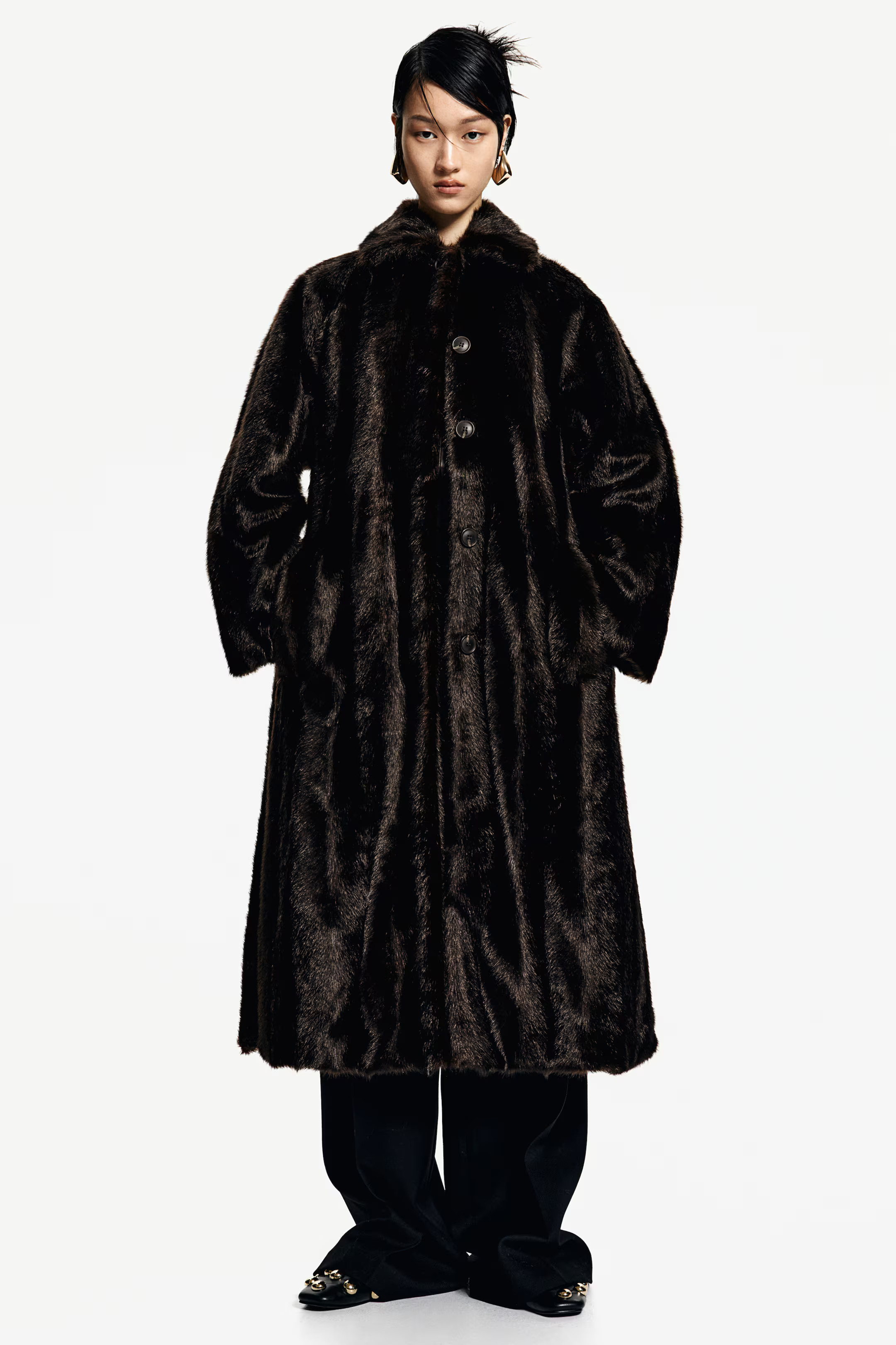 Fluffy Tie-Belt Coat - Long sleeve - Long - Dark brown - Ladies | H&M US | H&M (US + CA)