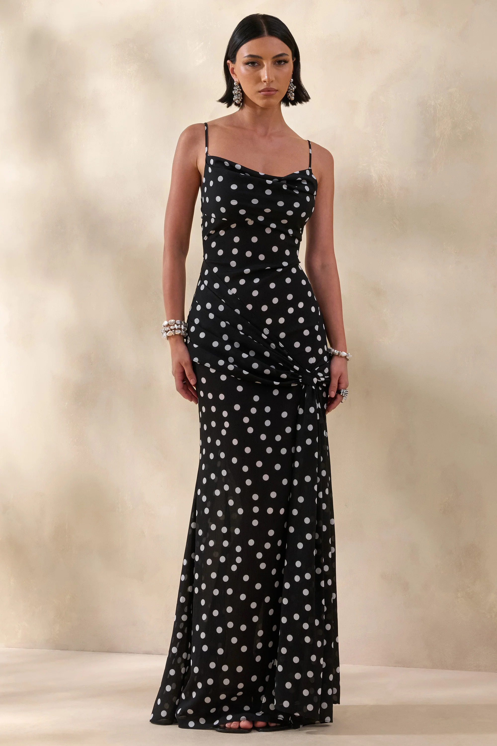 Virtue | Black & White Polka Dot Cowl-Neck Fishtail Maxi Dress With Split | Club L London