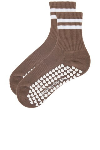 WellBeing + BeingWell Striped Half Crew Grip Sock in Coffee Brown & White from Revolve.com | Revolve Clothing (Global)