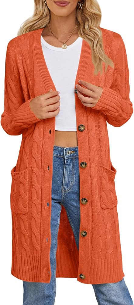MEROKEETY Women's 2024 Long Sleeve Cable Knit Long Cardigan Open Front Button Sweater Outerwear | Amazon (US)