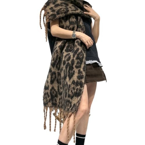 HOKMAH Cheetah Tassel Scarf for Women – Leopard Print Trendy Warm Stylish Fashion Y2k Shawl Neck Wrap Streetwear Coquette (Brown) | Amazon (US)