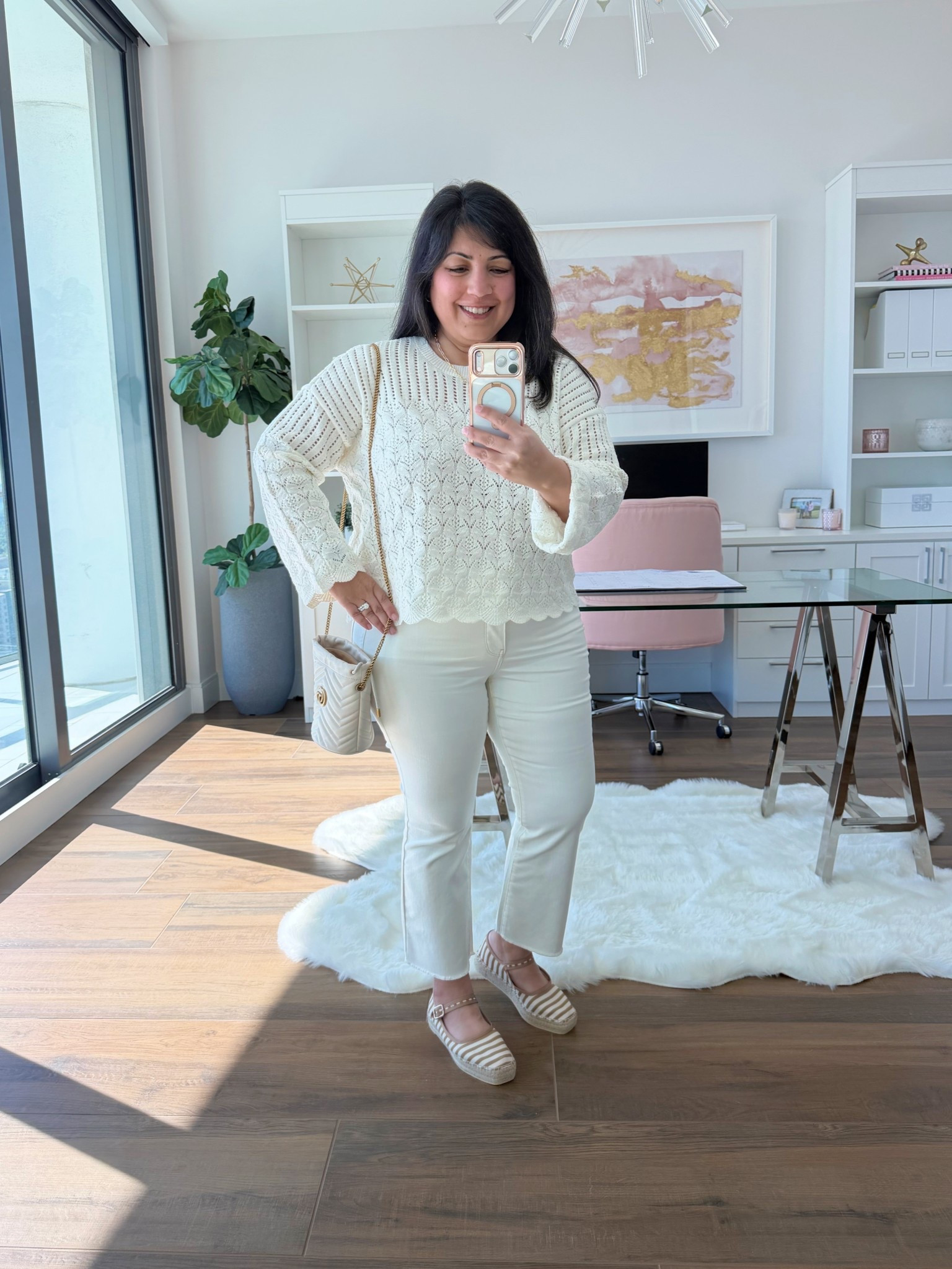 It’s officially spring and this monochromatic look is perfect for transitioning to warmer weather. This is my first time trying @NYDJ jeans and these mini bootcut ankle jeans are such a dream, especially for a midsize petite frame with lots of curves! If you’re shaped anything like me, you know it’s tough to find off-white or ecru jeans that are comfortable, stretchy, flattering and not see-through. These are a winner on all fronts and they come in petite sizes too! This style and silhouette literally sculpts your curves and there’s a slimming panel across the front that does such a good job holding you in too. And this Pointelle sweater is so pretty! Love  all of the sweet feminine details. It’s really light and airy so I know it’ll feel good in the warmer weather and the scallop edges and flared sleeves add the cutest touch! If you struggle with finding well-fitting jeans for your size and frame, try these! They’re really good! And if you’ve been around here for a while, you know I’m pretty picky about jeans and very selective about styles and brands I recommend!

NYDJ Pointelle sweater size large and jeans size 12 Petite. Anthropologie striped espadrilles. Gucci bucket bag. Kendra Scott necklace. 

#LTKMidsize #LTKootd #LTKPetite
