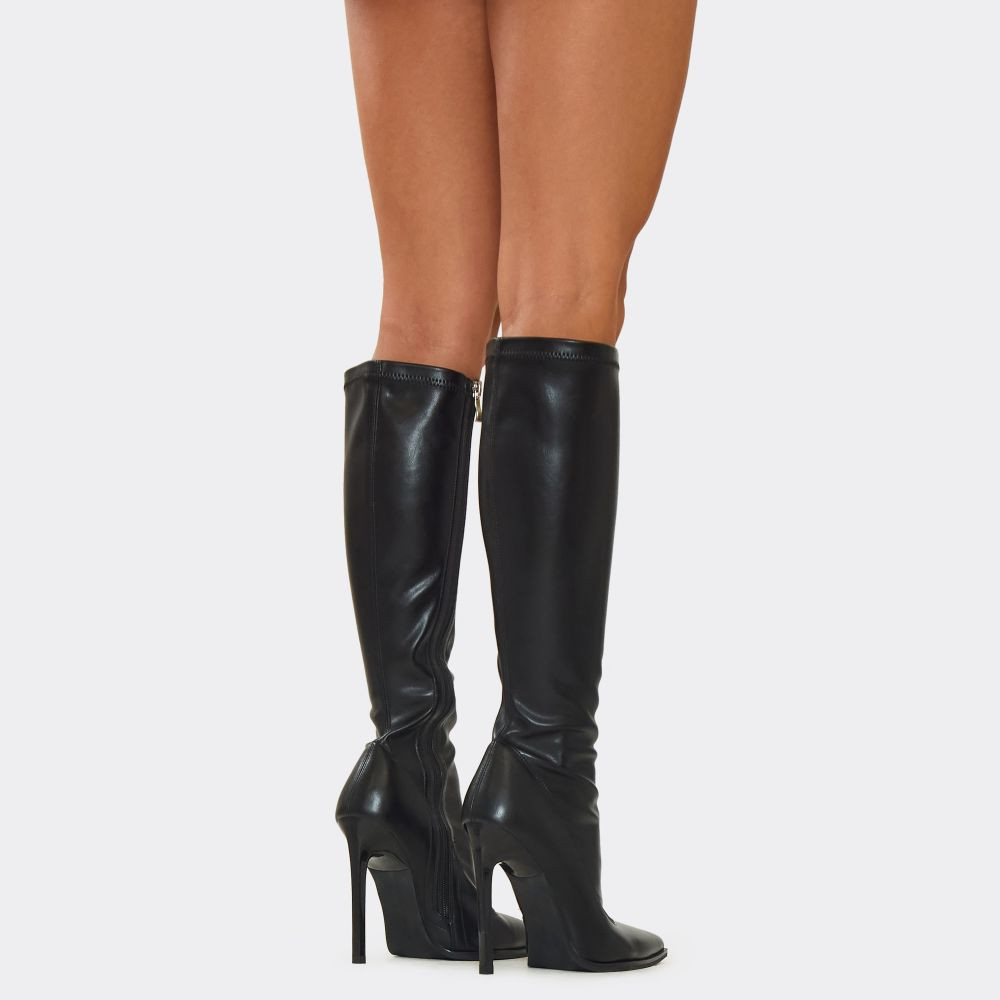 Million Pointed Toe Stiletto Heel Knee High Long Boot In Black Faux Leather | EGO (UK)