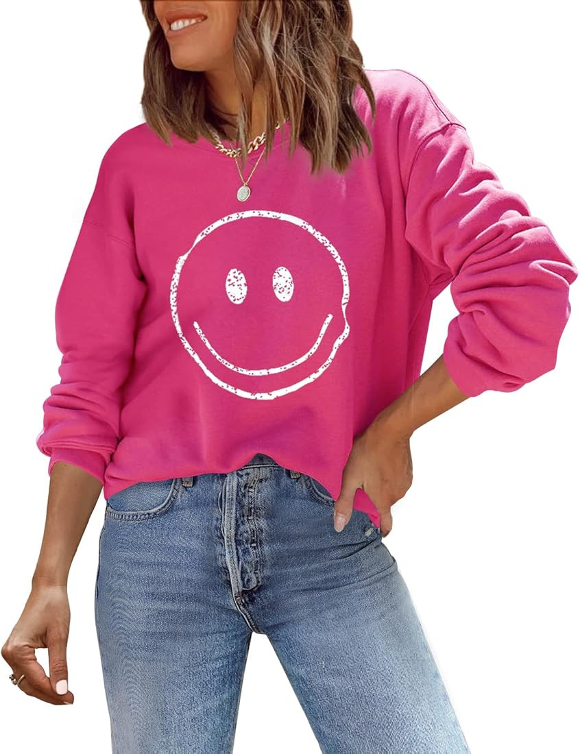 ReachMe Womens Smiley Face Pullover Trendy Vintage Cute Graphic Sweatshirts Casual Loose Long Sle... | Amazon (US)