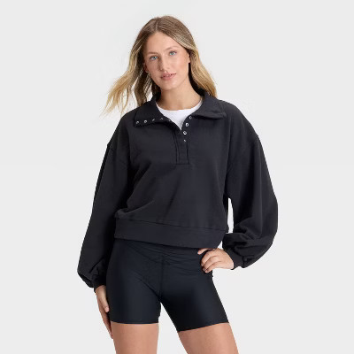 Women's Henley French Terry Sweatshirt - JoyLab™ Black XL | Target