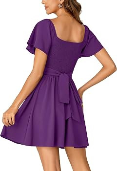 Rooscier Women's Tie Back Square Neck Wrap Ruffle Short Sleeve Flare Mini Dress | Amazon (US)