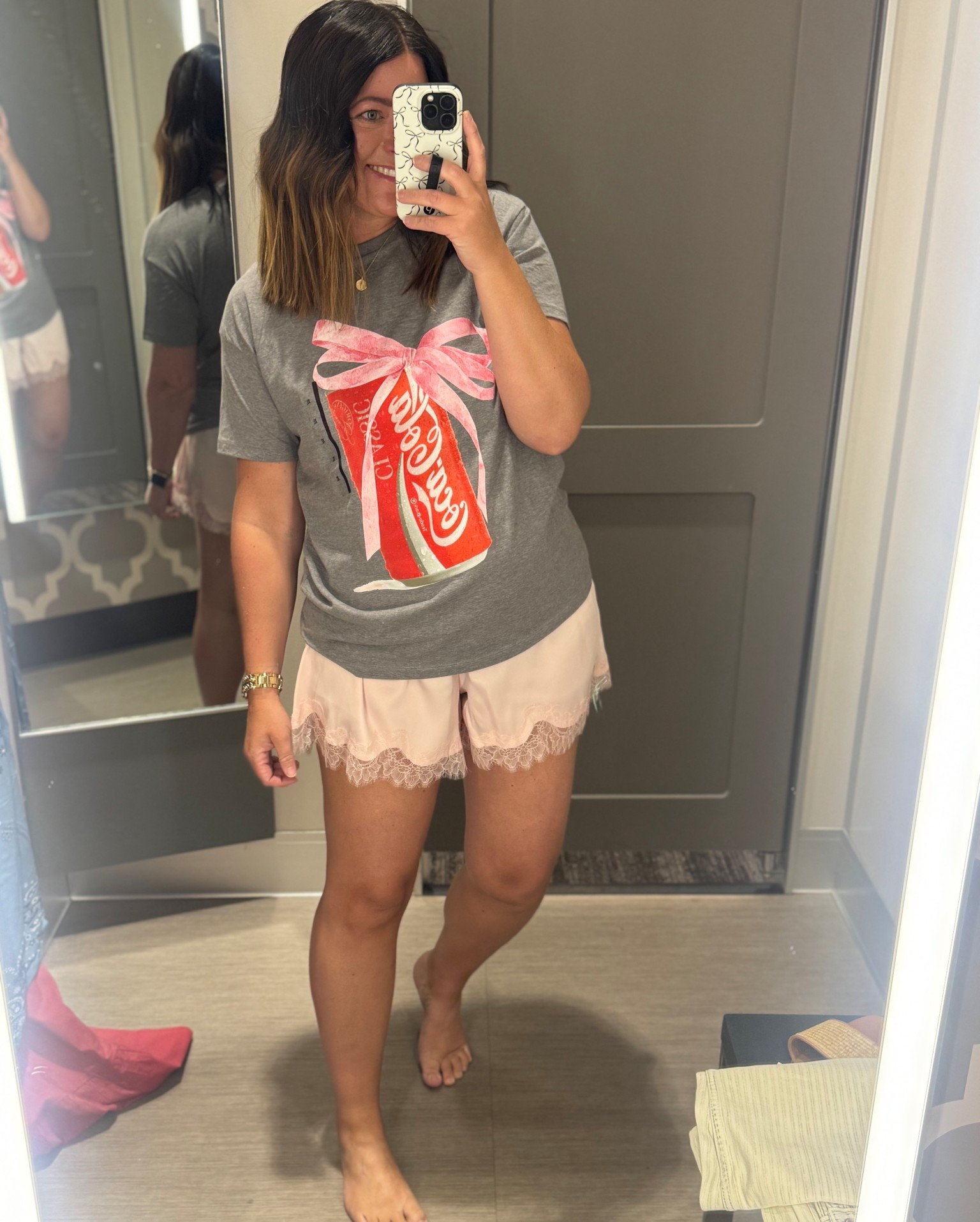Cutes cocoa cola tee (on clearance!) and the prettiest light pink lace shorts.
Love love love 