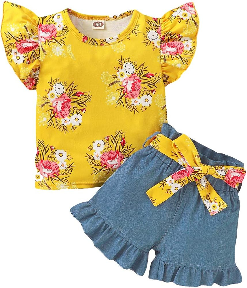 3PCS Toddler Girl Outfit,Short Sleeve Flowers Ruffle Tops Short Jeans Pants+Flowers Belat | Amazon (US)