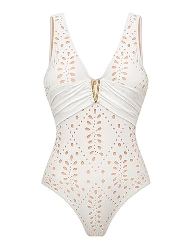 FLAXMAKER Solid One Piece V Neck Laser Cutting Flower Swimsuit and Skirt (US, Alpha, Medium, Regu... | Amazon (US)
