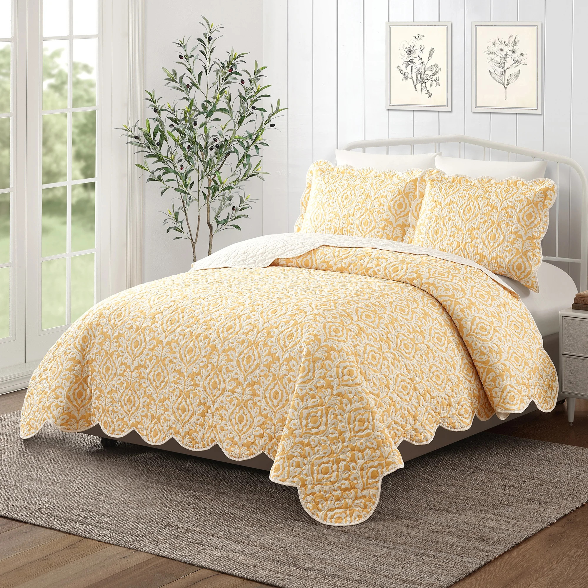 Mainstays Yellow Damask 3-Piece Quilt Set, Full/Queen | Walmart (US)