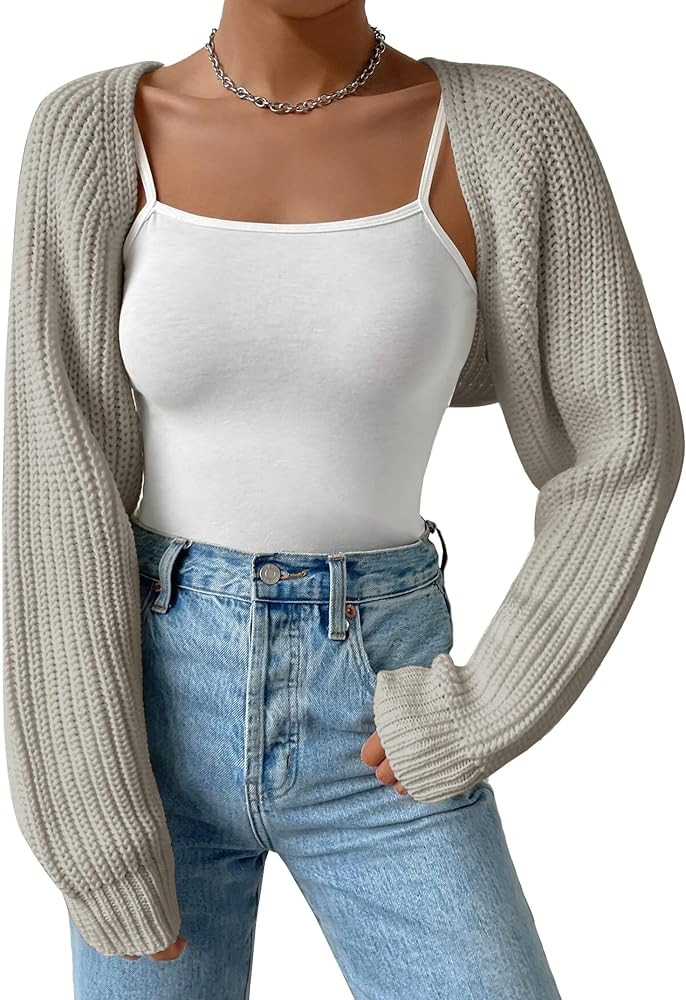 Women's Long Sleeve Open Front Knitted Crop Cardigan Drop Shoulder Knit Bolero Shrug Sweater | Amazon (US)