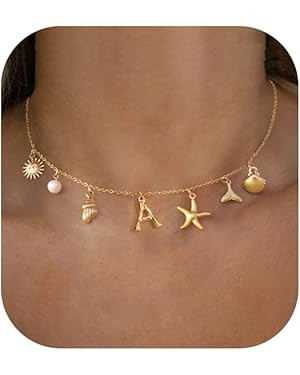 Ewrkbr Charm Initial Necklace for Women, 14K Gold Plated Summer Seashell Letter Necklace Boho Bea... | Amazon (US)